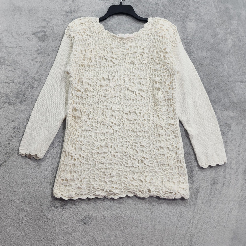 Vintage Dana Scott Sweater‎ Womens S White Crochet Floral Knit Boho Cottagecore